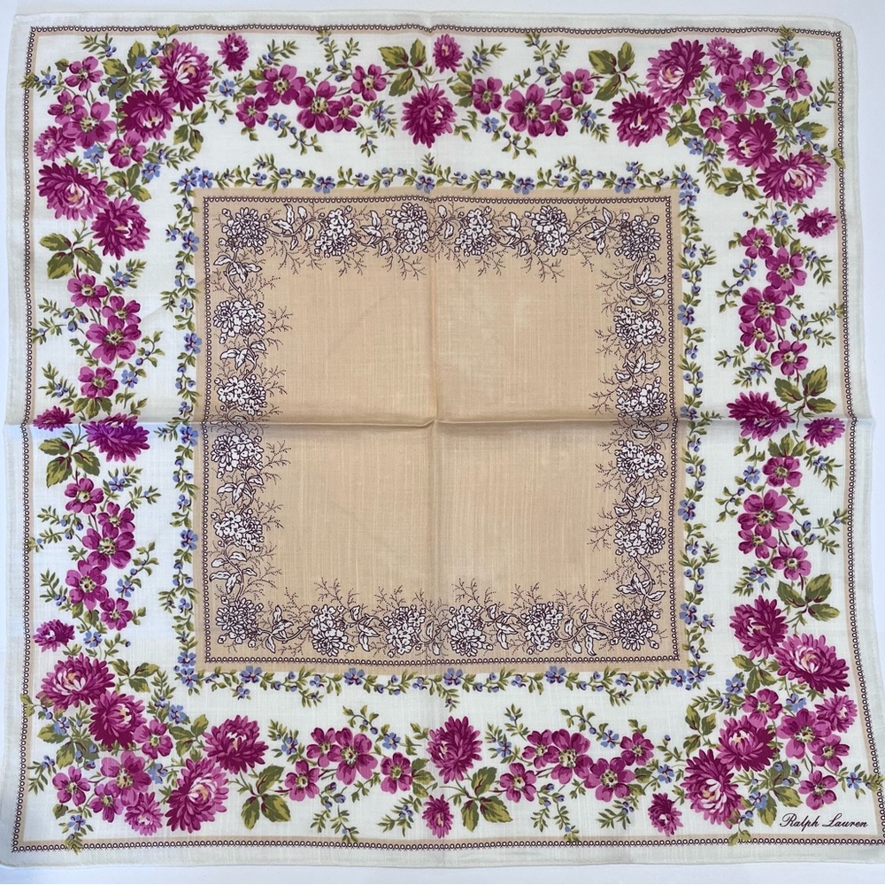 Handkerchief VTG Ralph Lauren Mini Scarf Women Floral Cotton Pocket Square 19.5 - Picture 3 of 11